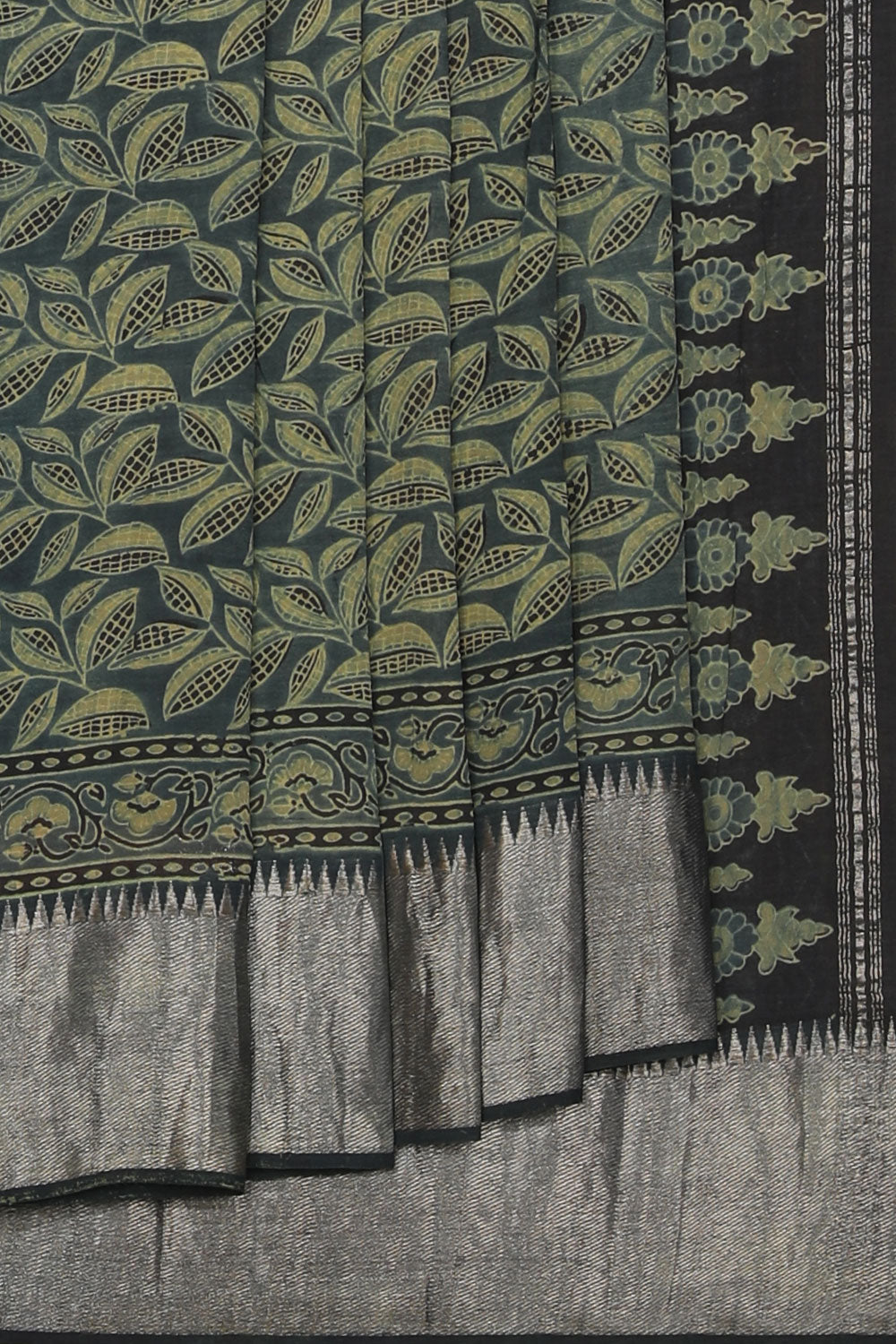 Image of Teal Green Mangalgiri Silk Ajrakh Printed Saree